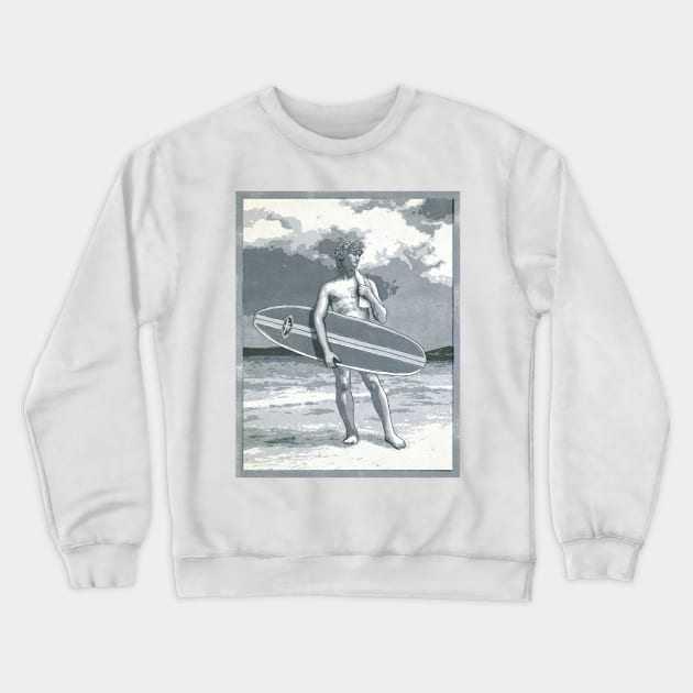 David on the beach with a classic BING surfboard. Crewneck Sweatshirt by jurjenbertens